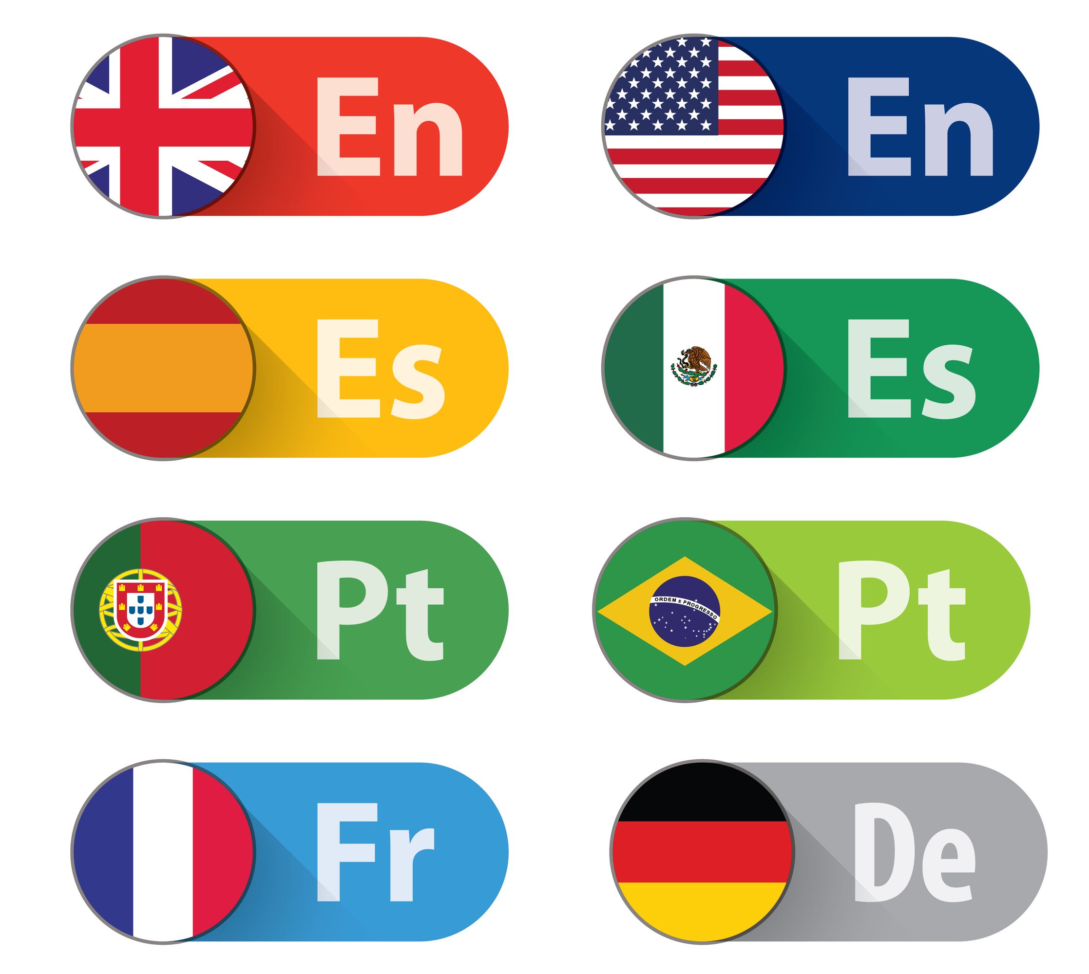 Imagen con representación gráfica de algunos idiomas como: Portugués Brasil, portugués Portugal, Inglés, Español España, Español México, Fancés y Alemán