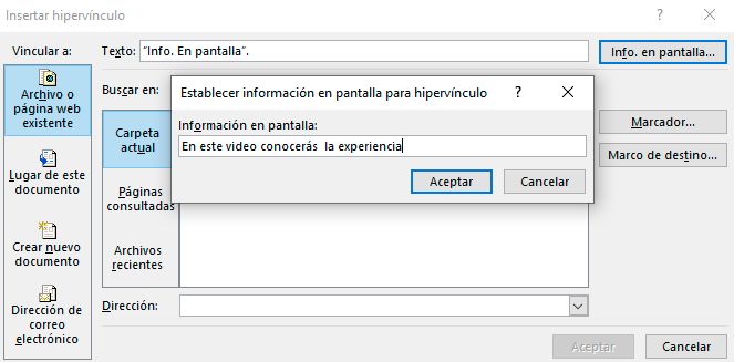 Representación directa de la acción del programa word en la opción hipervínculo para un mayor detalle de acción accesible en el lector de textos.